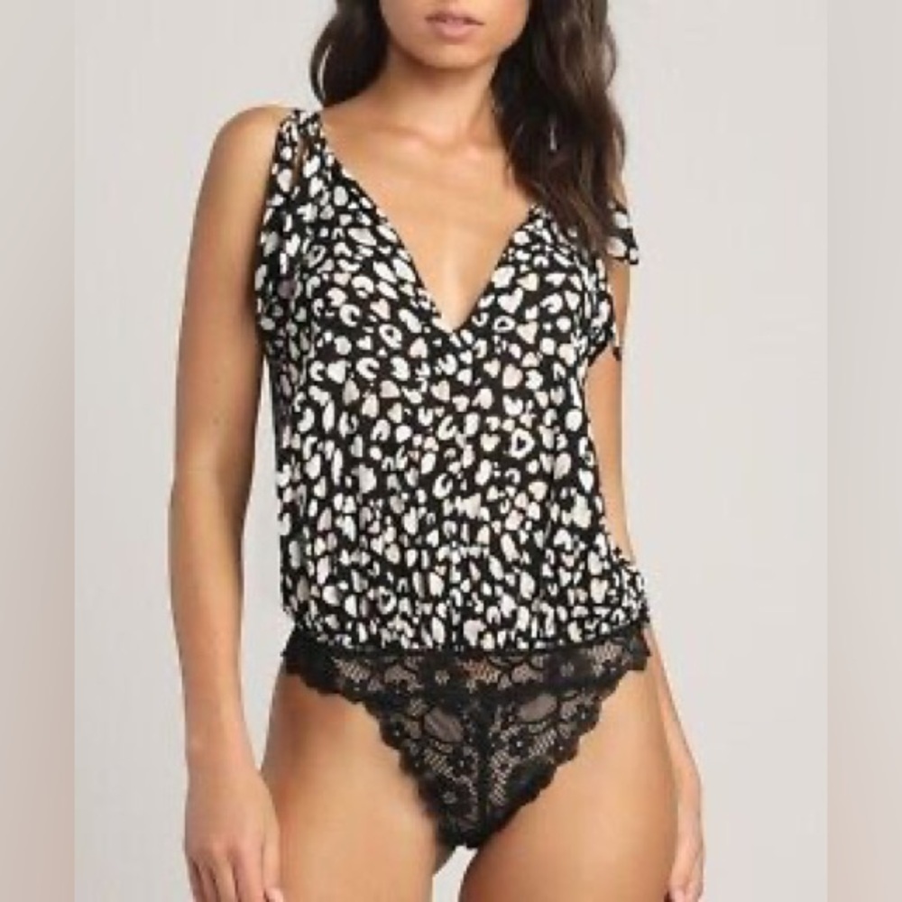 NWT Free People Intimately Bare it All Black Animal Print Bodysuit in size XS